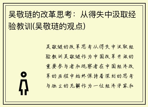 吴敬琏的改革思考：从得失中汲取经验教训(吴敬琏的观点)